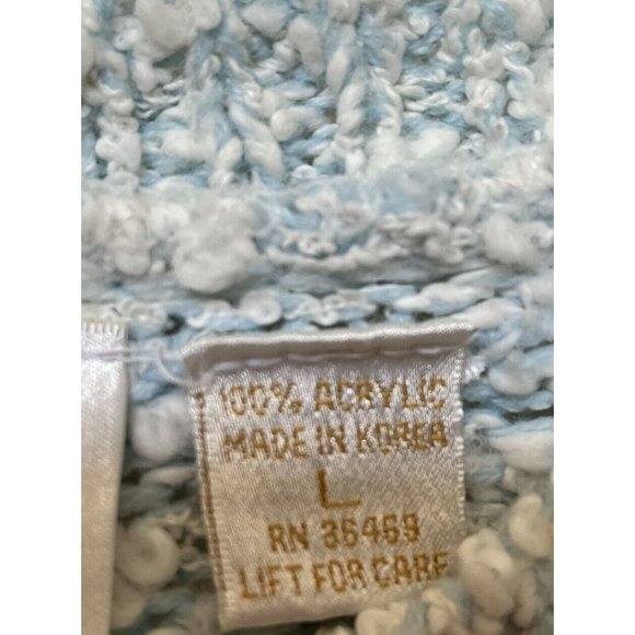 Vintage 80s Sweater with Appliqué Needles & Yarn Size L Pastel Blue Faux Pearls - Picture 5 of 6